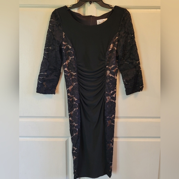 Vintage Joseph Ribkoff Black Ruched Lace Bodycon 3/4 Sleeve Dress - Picture 1 of 4